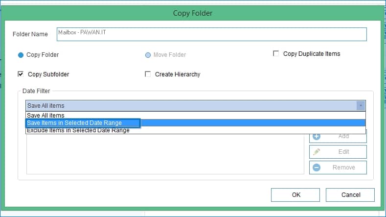 selecting Save items in Selected Date Range 